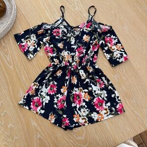 Pink Lily Floral Cold Shoulder Romper - Blue, Pink, Orange